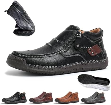 

Мужские удобные кожаные ботинки WXDSTW ручной работы, мужские премиальные кожаные ботинки-слипы для вождения - широкий носок, поддержка свода стопы, легкие, удобные, водонепроницаемые, нескользящие ботинки на боковой молнии, черный