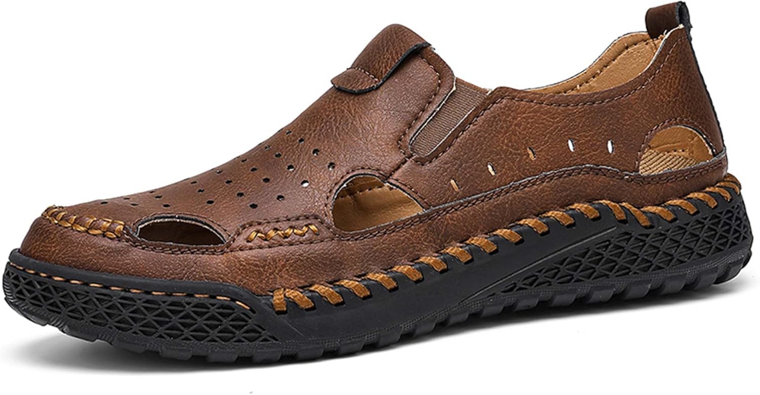 

Мужские премиальные кожаные сандалии, сандалии для активного отдыха, ручная прошивка, нескользящие прочные резиновые подошвы, вырезанный дизайн обеспечивает вентиляцию и стильный вид Generic, темно-коричневый