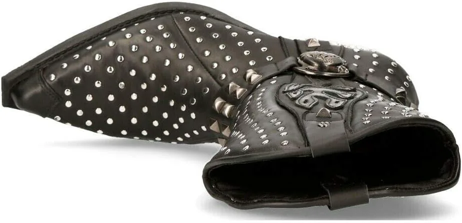 Новые мужские ковбойские сапоги New Rock M-7928-S1 WESTERN черная кожа, тяжелые байкерские с серебряными заклепками, черный — фото 3