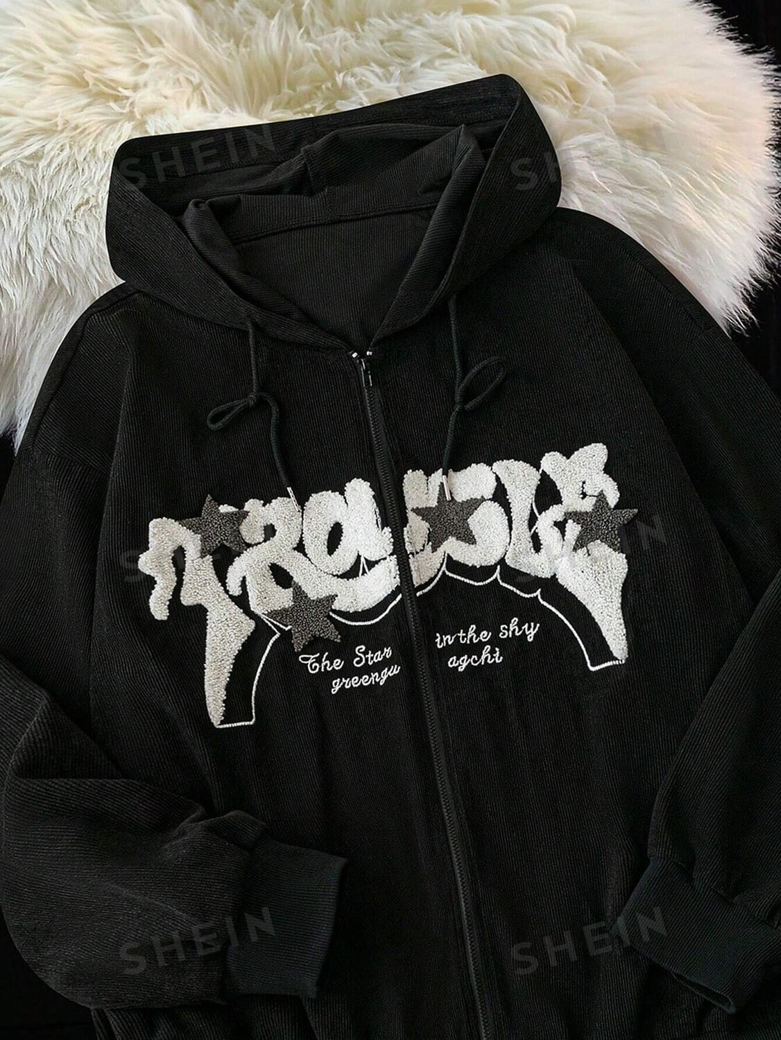 

Толстовка EZwear, вышитый узор, мягкая ткань, большой размер, кулиска, повседневный вид, на весну и осень Shein, черный