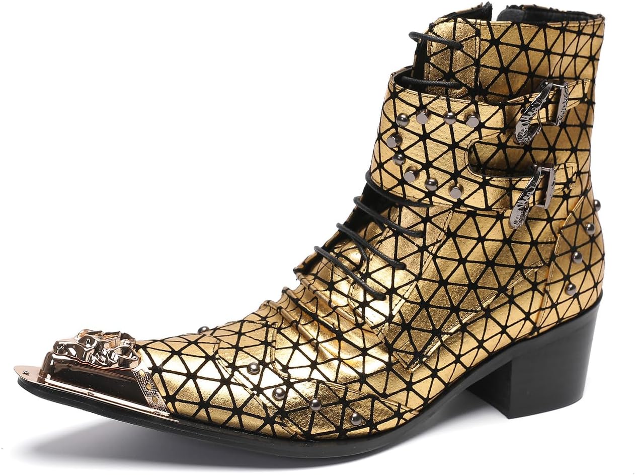 

Мужские повседневные вестерн-ботинки Santimon Mens - Средние ботинки из натуральной кожи с бусинами и металлическим носком «крыло» для выпускного, балла или дискотеки, золотой