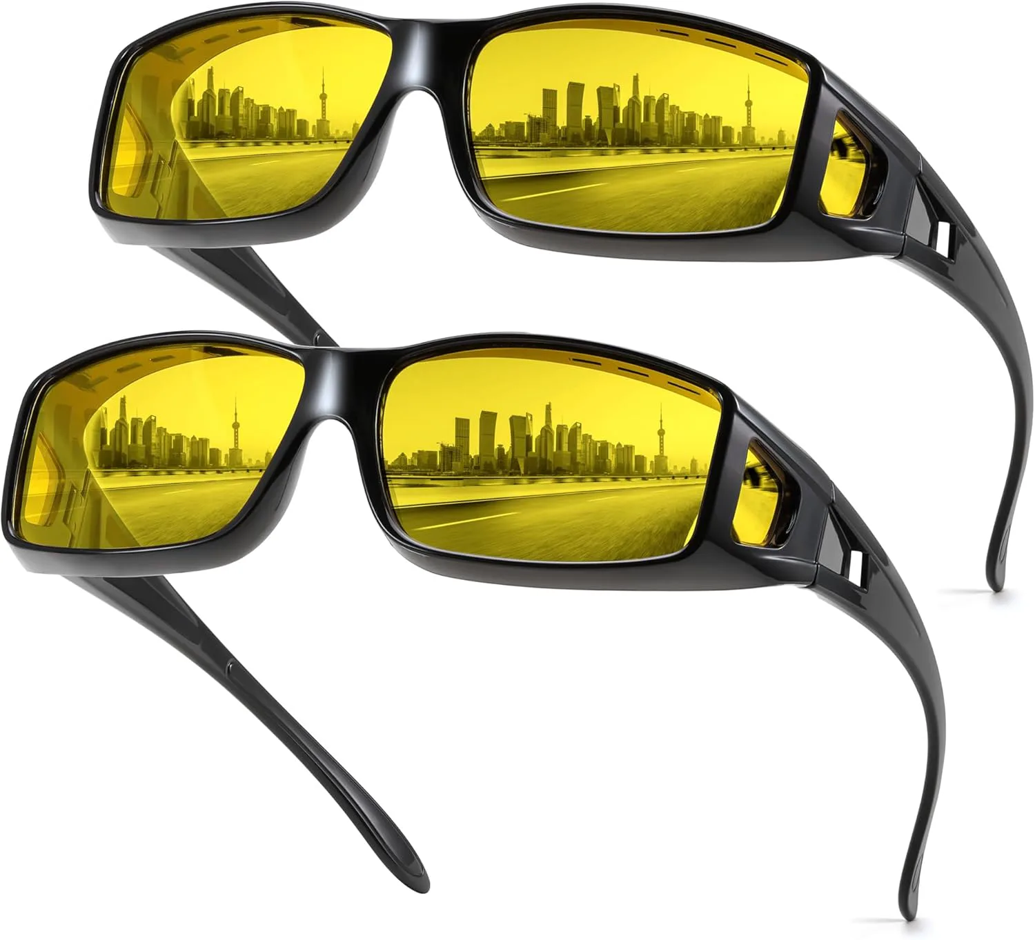 

Солнцезащитные очки FEISEDY для ночного вождения, надеваемые поверх очков, для мужчин и женщин, поляризованные, обтекаемые, желтые, UV400 B2593, 2pcs:black Frame