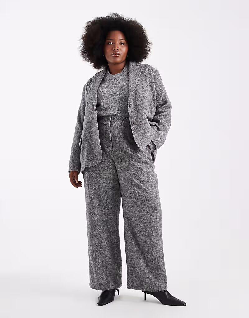 

Эксклюзивный комплект брюк Plus с эффектом шерсти и начеса, с высокой талией и широкими штанинами, серый цвет Renee Studio