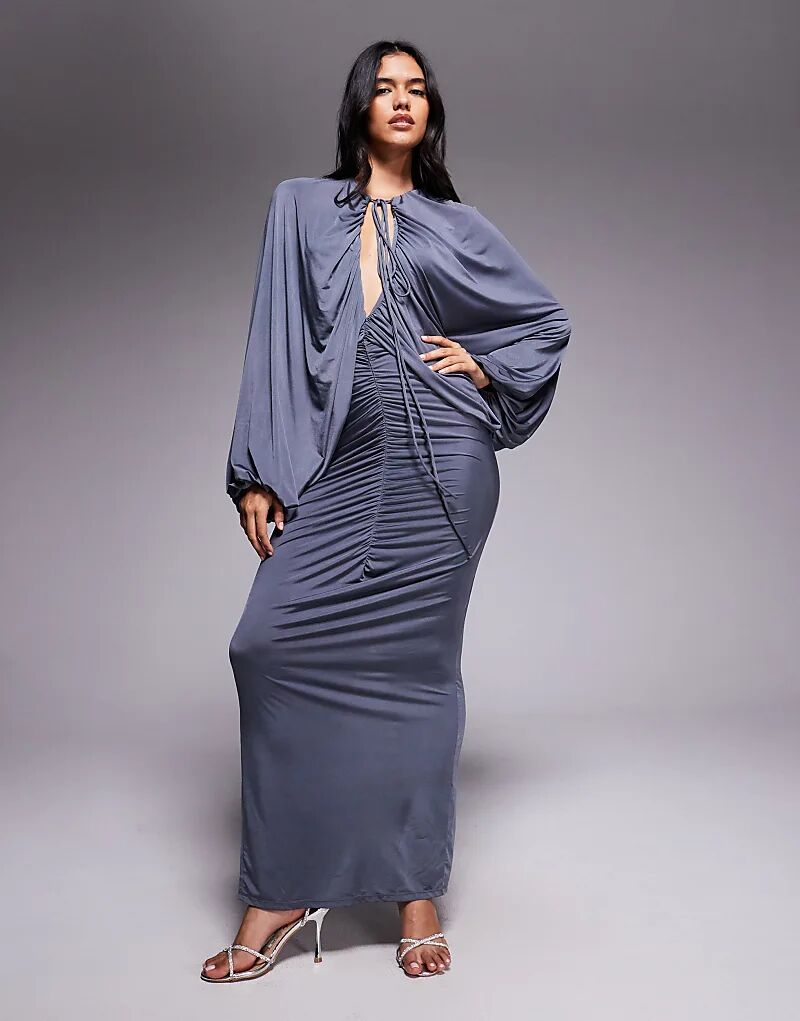 

Платье макси ASOS DESIGN облегающего кроя с рукавами-крылышками и сборками темно-серого цвета