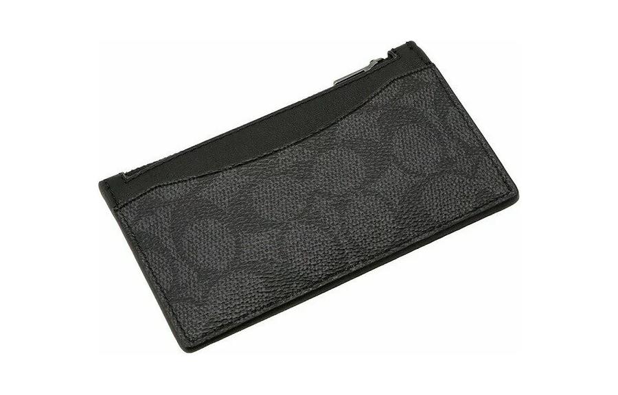 

Кошелек для карт из лакированного холста с кожаной вставкой, держатель для карт, мужской, угольно-черный, с монограммой COACH