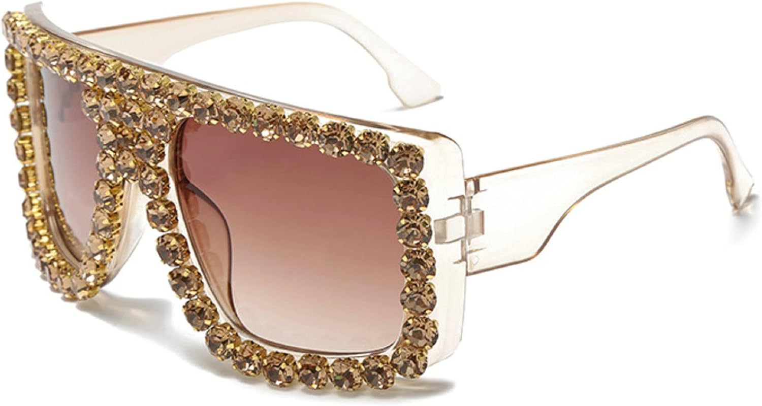 

Большие сверкающие солнцезащитные очки с кристаллами и стразами для женщин, модные квадратные очки для дискотек и вечеринок с плоской верхней частью mincl, Clear&brown