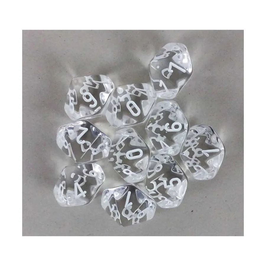 

d10 Прозрачный с белым (10), Dice - Translucent - d12 & d10 & d20 (Chessex)