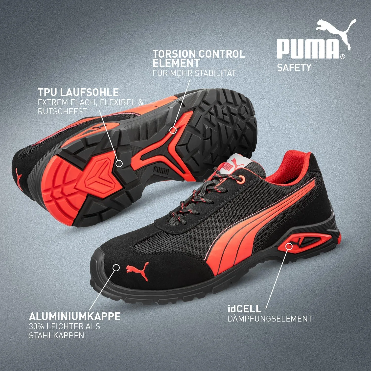 Мужские защитные ботинки PUMA Madrid Low S1PL с защитным носком и противоскользящей подошвой, черный/красный — фото 3