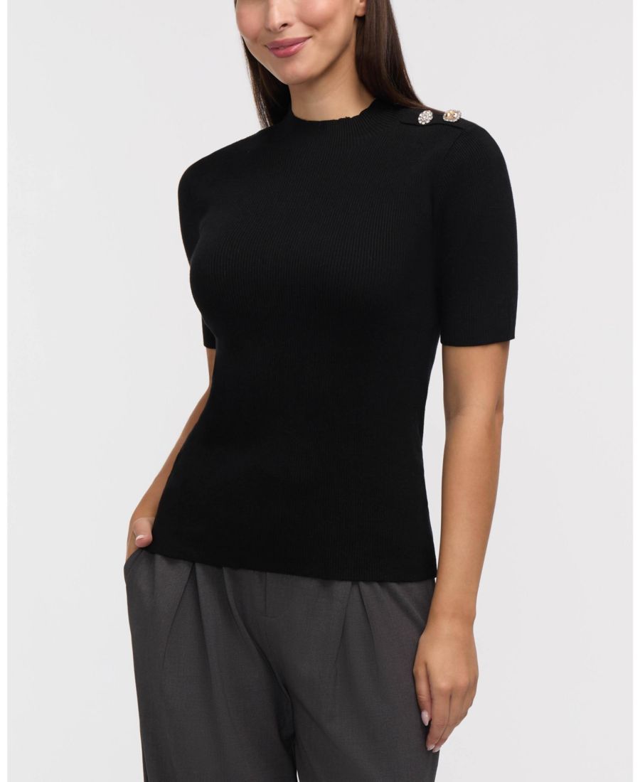 

Женский ребристый свитер с высоким воротником и рукавами до локтя, украшенный пуговицами Ellen Tracy, Black