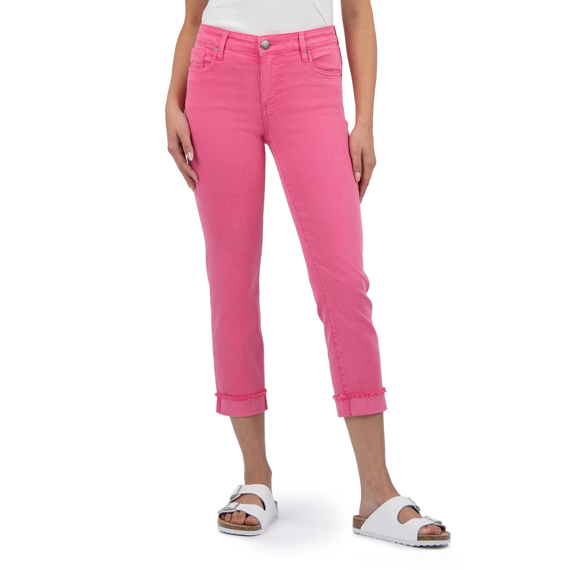 

Джинсы KUT from the Kloth Petite Amy Crop Straight Leg Roll-Up Fray in Sugar Coral, цвет Sugar Coral