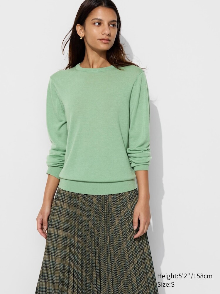 

Свитер из мериносовой шерсти с круглым вырезом UNIQLO, зеленый