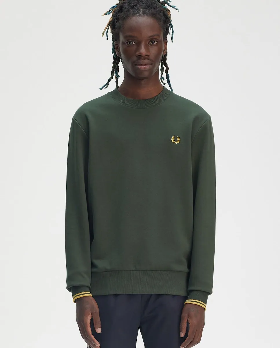 

Мужской свитер с круглым вырезом и окантовкой с двумя полосами Fred Perry, темно-зеленый