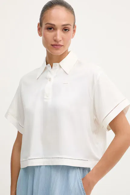 Поло Lacoste женское бежевое из лиоцелла — фото 4