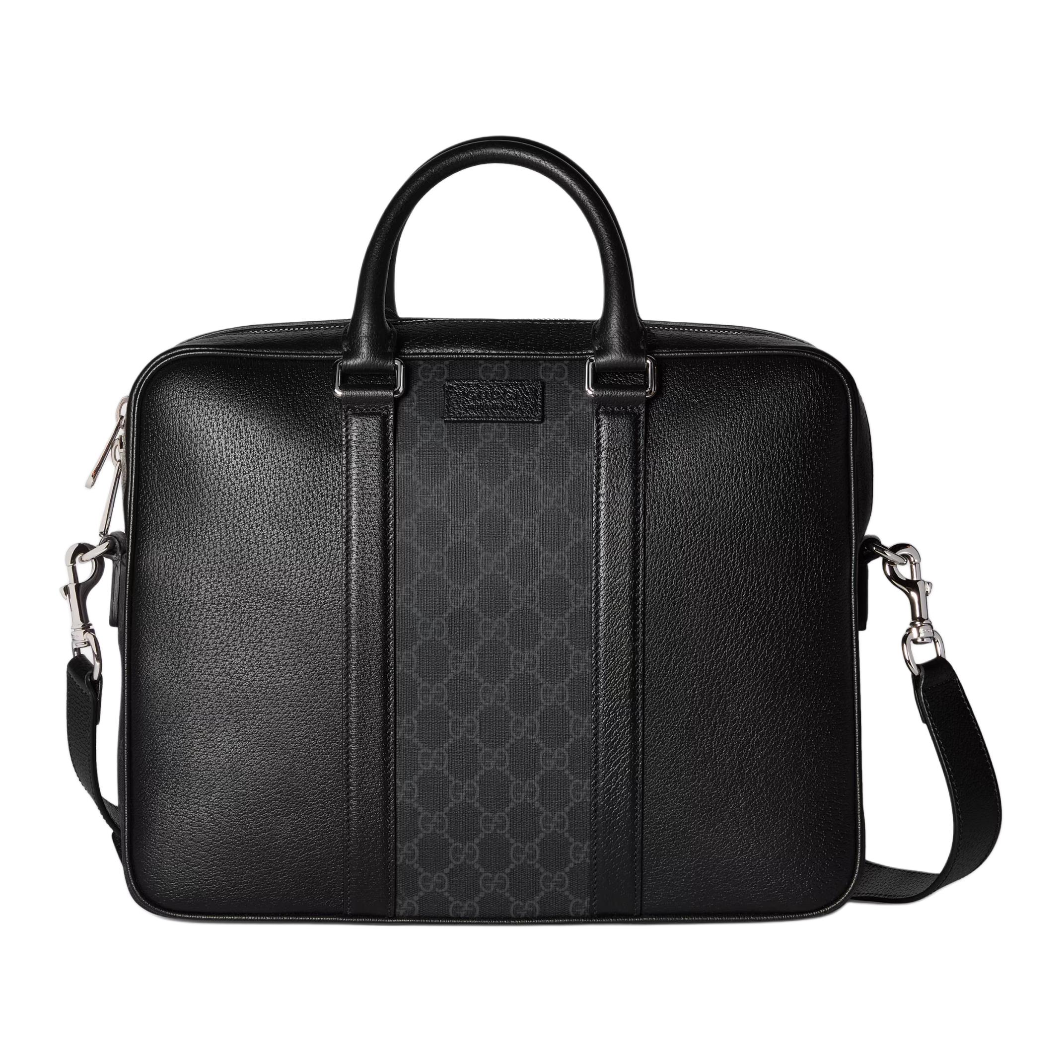 

GUCCI Кожаный портфель среднего размера с канвасом GG Supreme для мужчин черный