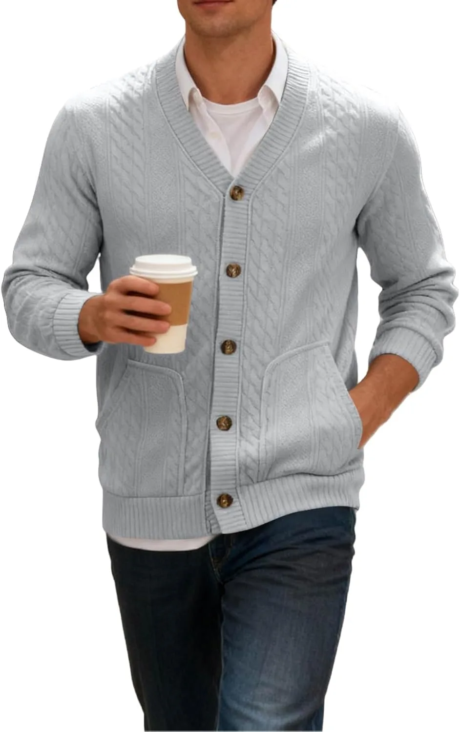 

Мужской кардиган с V-образным вырезом, кабельной вязкой и карманами FQZWONG