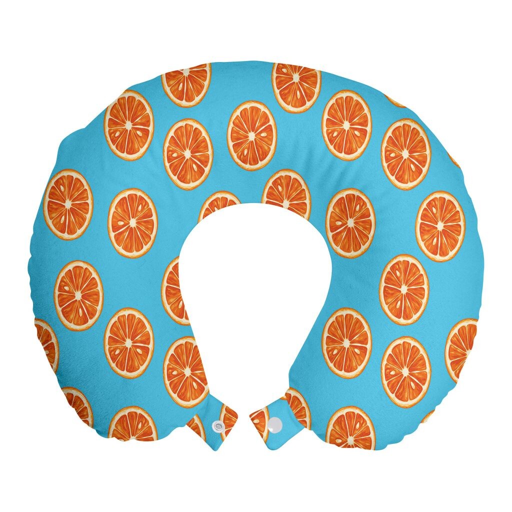 

ABAKUHAUS Tangerine Travel Pillow Подушка для шеи, круглые экзотические цитрусовые, пенопластовые дорожные принадлежности для самолета и автомобиля, 30x30 см, Небесно-голубой, ярко-оранжевый