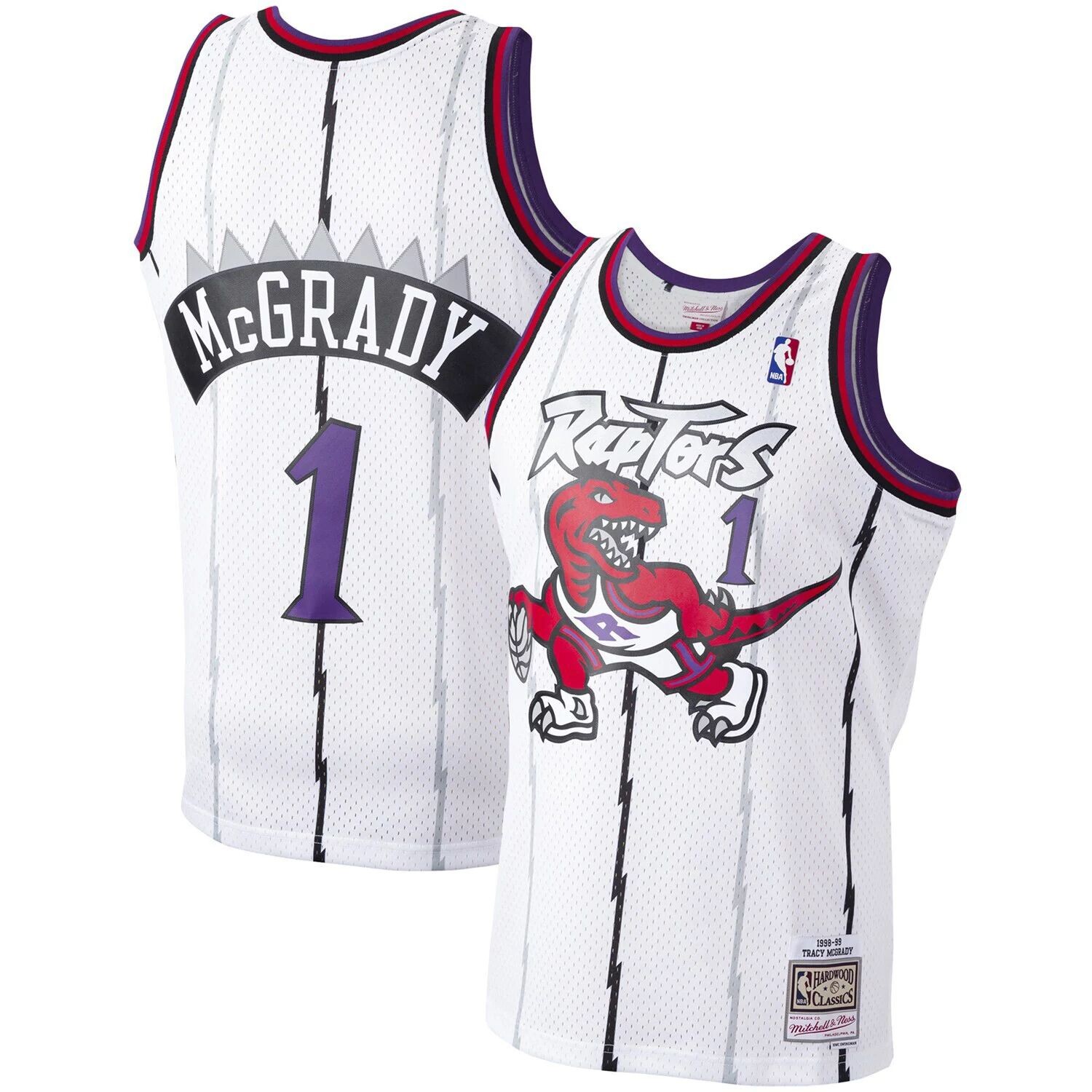 

Мужская футболка Mitchell & Ness Tracy McGrady White Toronto Raptors 1998-99 гг. из твердой древесины Classics Swingman Player