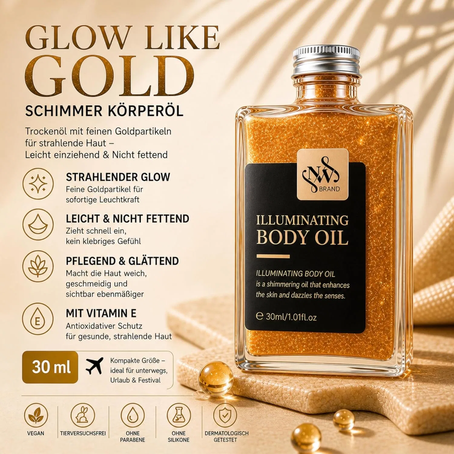 Набор мерцающего масла для тела Glow Body Oil с золотым шиммером, 2 x 30 мл Nw Brand — фото 2
