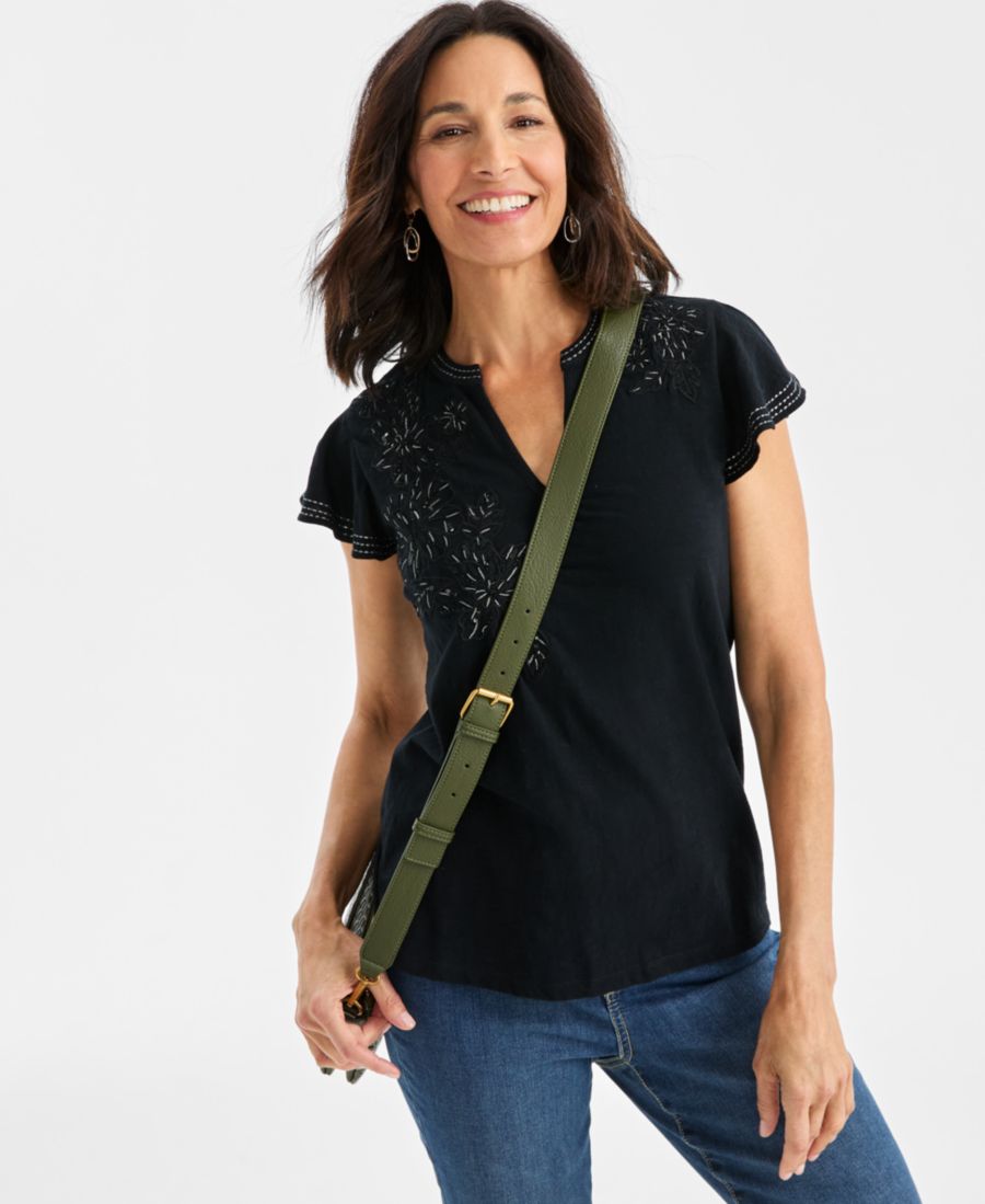 

Укороченный хлопковый вязаный топ с вышивкой и рукавами-воланами, эксклюзивно для Macy's Style & Co, Deep Black