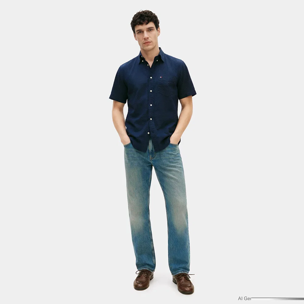 Мужская однотонная рубашка из сирсакера Asian Fit, небесно-голубая, от Tommy Hilfiger — фото 2