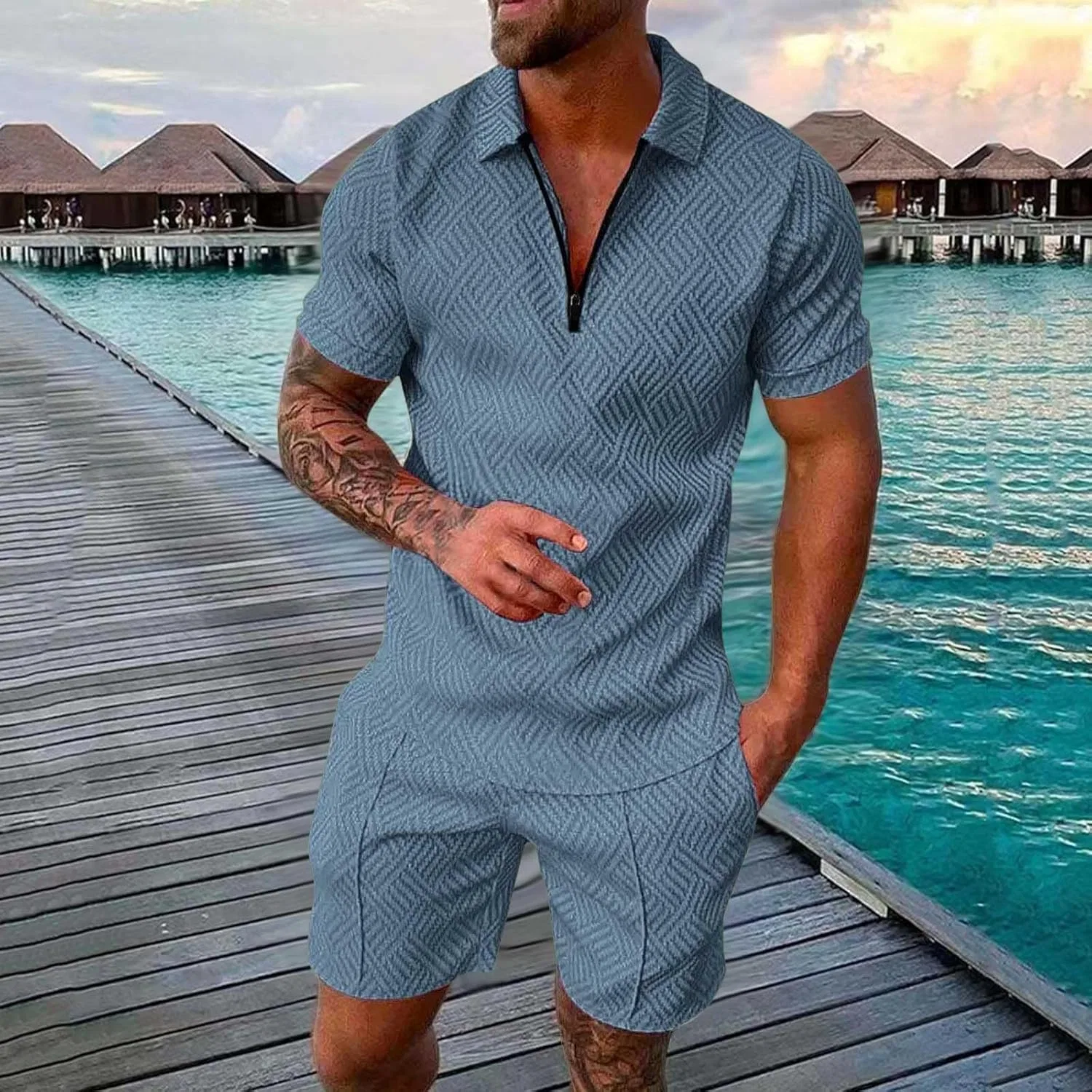 Спортивный костюм с поло и шортами, молния, полоска, Light Blue — фото 2