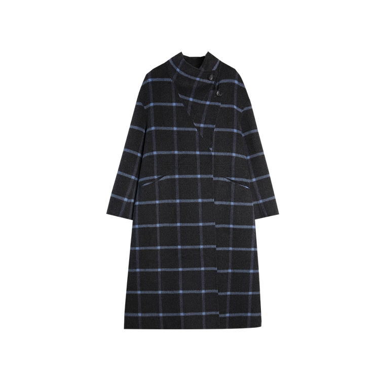 

ELLE Пальто женское синее в клетку с лацканами утепленное прямое