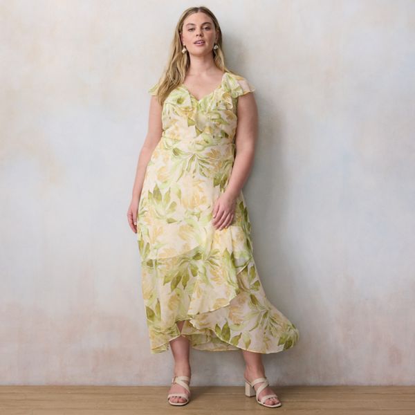 

Платье макси с запахом и рукавами-крылышками больших размеров Lc Lauren Conrad, цвет ivory misty jungle