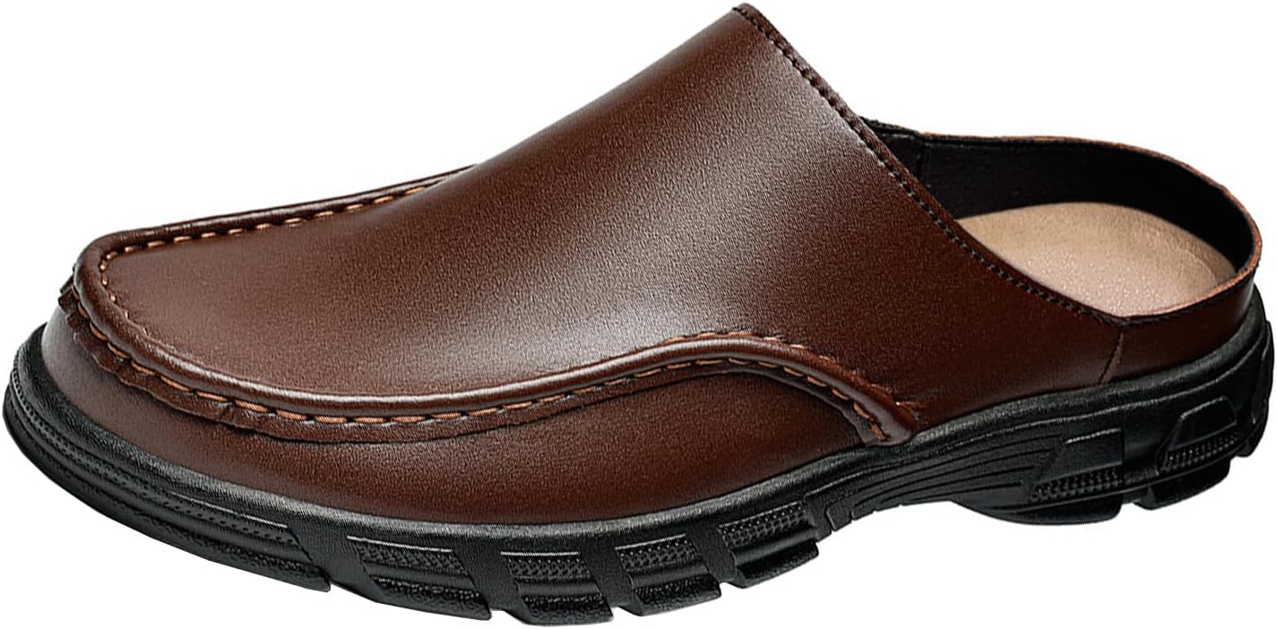 

Мужские туфли-мулы из натуральной кожи с протекторной подошвой, удобные, с широким круглым носком, мягкой подошвой, не скользящие, на платформе, повседневные сандалии для офиса и прогулок Nejkg, коричневый