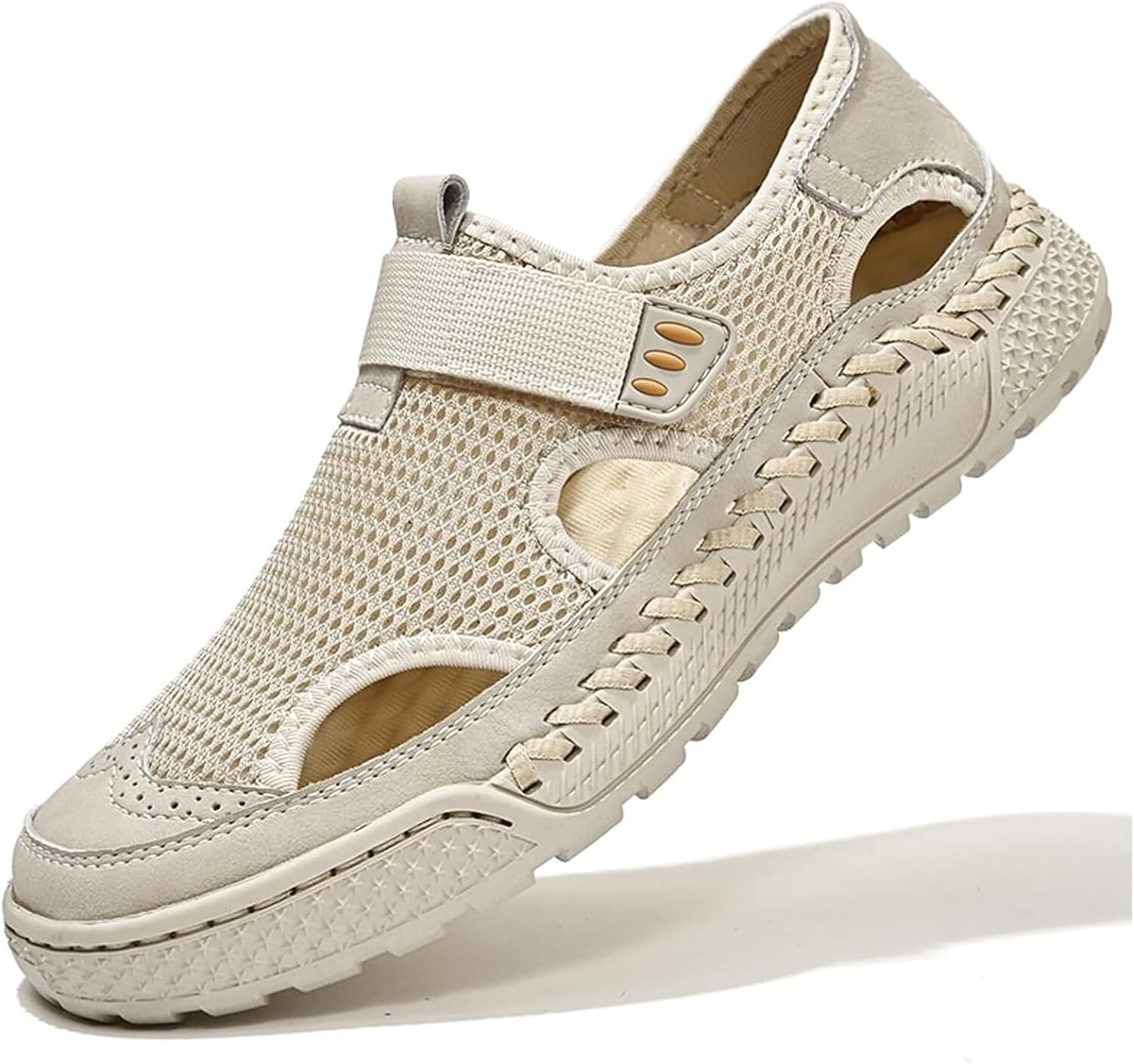 

Мужские спортивные сандалии с дышащей сеткой, закрытым носком, регулируемым ремешком на липучке, летние пляжные рыбацкие туфли, удобные с круглым носком, нескользящие, для активного отдыха и повседневной носки Generic, бежевый