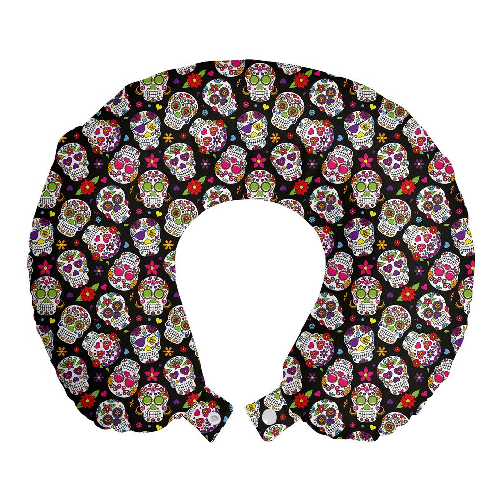 

ABAKUHAUS Sugar Skull Travel Pillow Подушка для шеи, дизайн в мексиканском стиле, пенопластовые дорожные принадлежности для самолета и автомобиля, 30x30 см, разноцветные