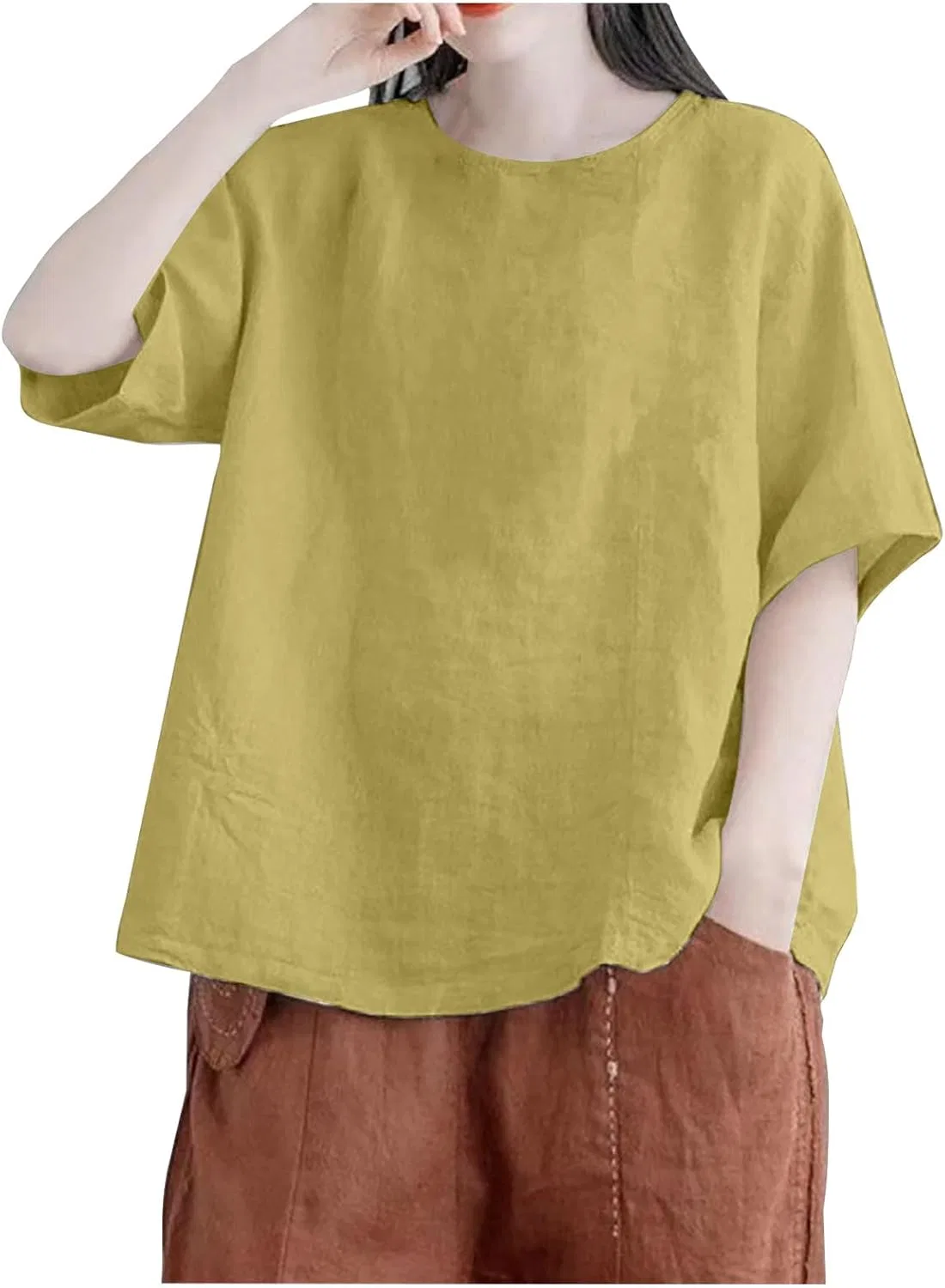 Блуза свободная из льна и хлопка, Green