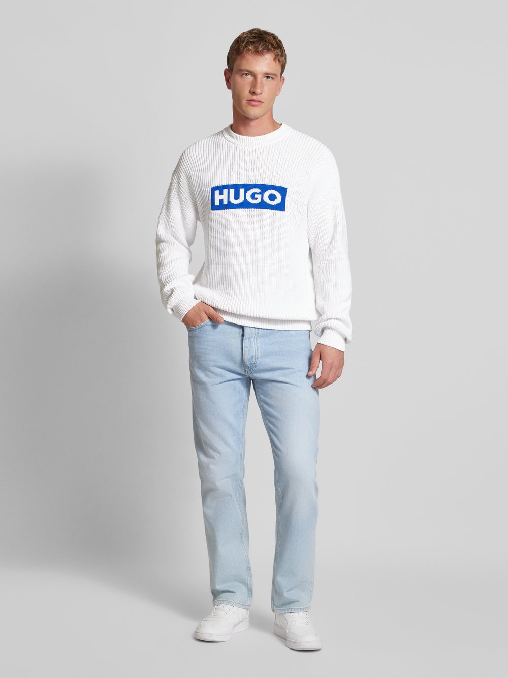 

Вязаный свитер с вышитым логотипом, модель «Сейло» Hugo Blue, белый