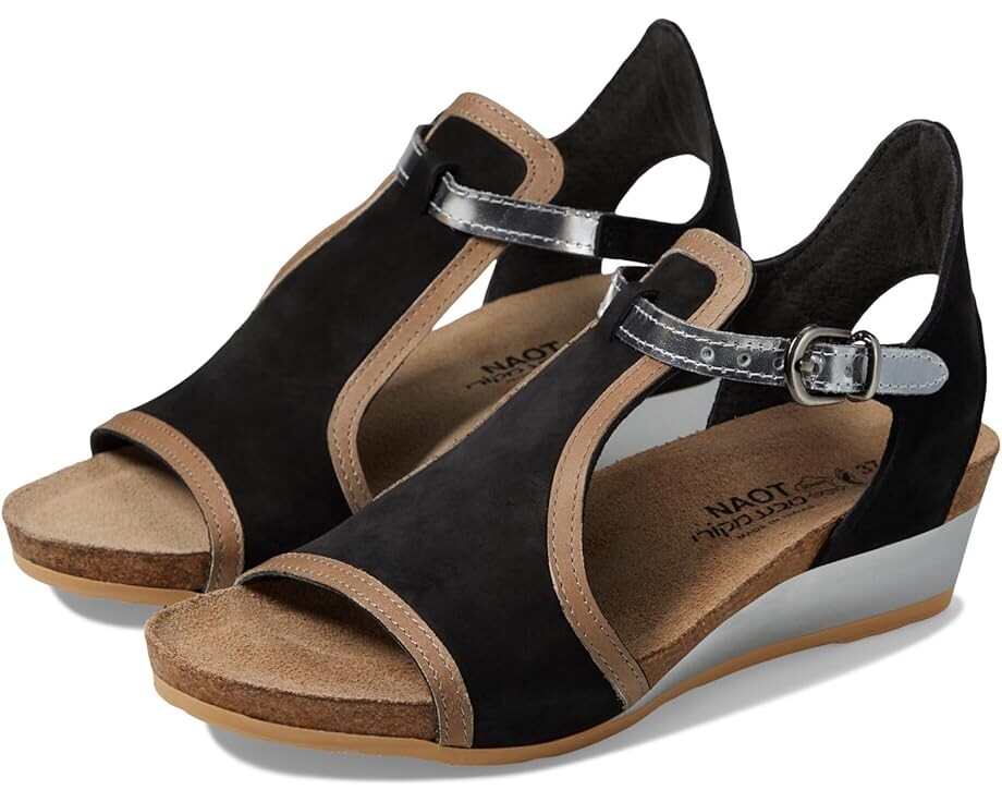 Туфли Naot Fiona, цвет Black Velvet Nubuck/Khaki Beige Leather/Silver Mirror Leather