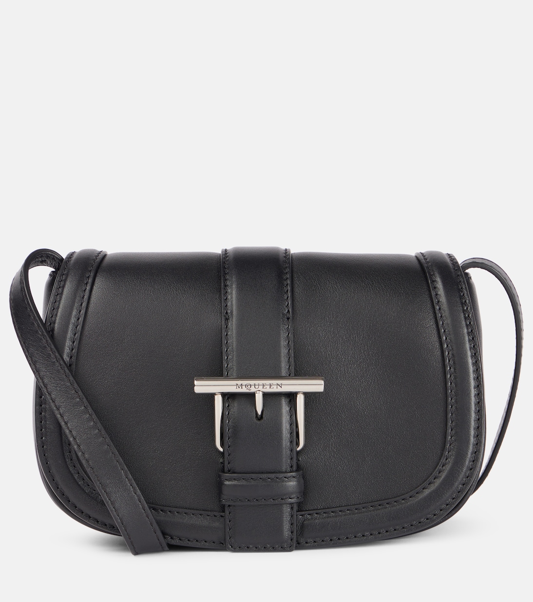 

Мини-сумка через плечо T-Bar из кожи McQueen, Black/Silver