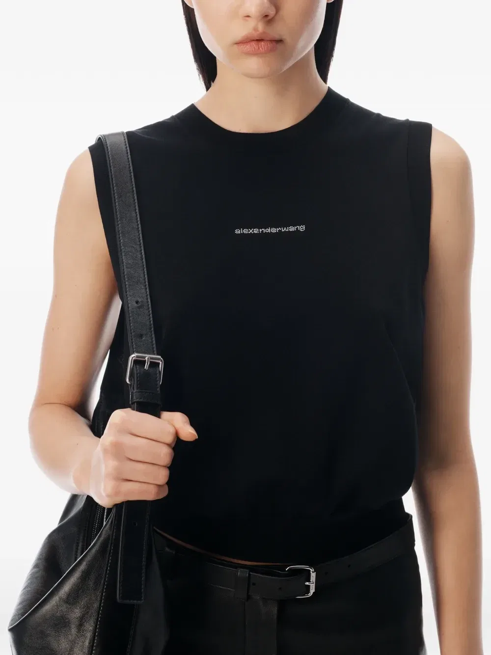 Трикотажный топ с логотипом из кристаллов Alexander Wang, черный — фото 2