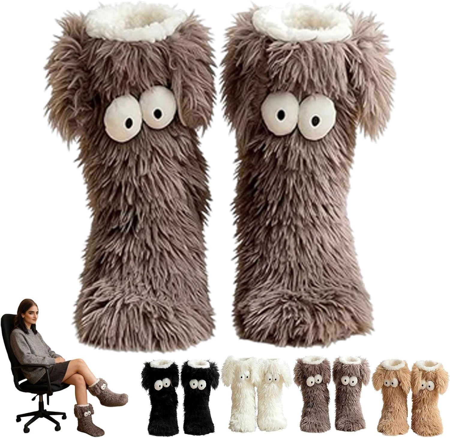 

Уютные носки, женские зимние теплые пушистые нескользящие носки-тапочки с ушками, милые объемные с большими глазами, из толстого флиса Generic, серый