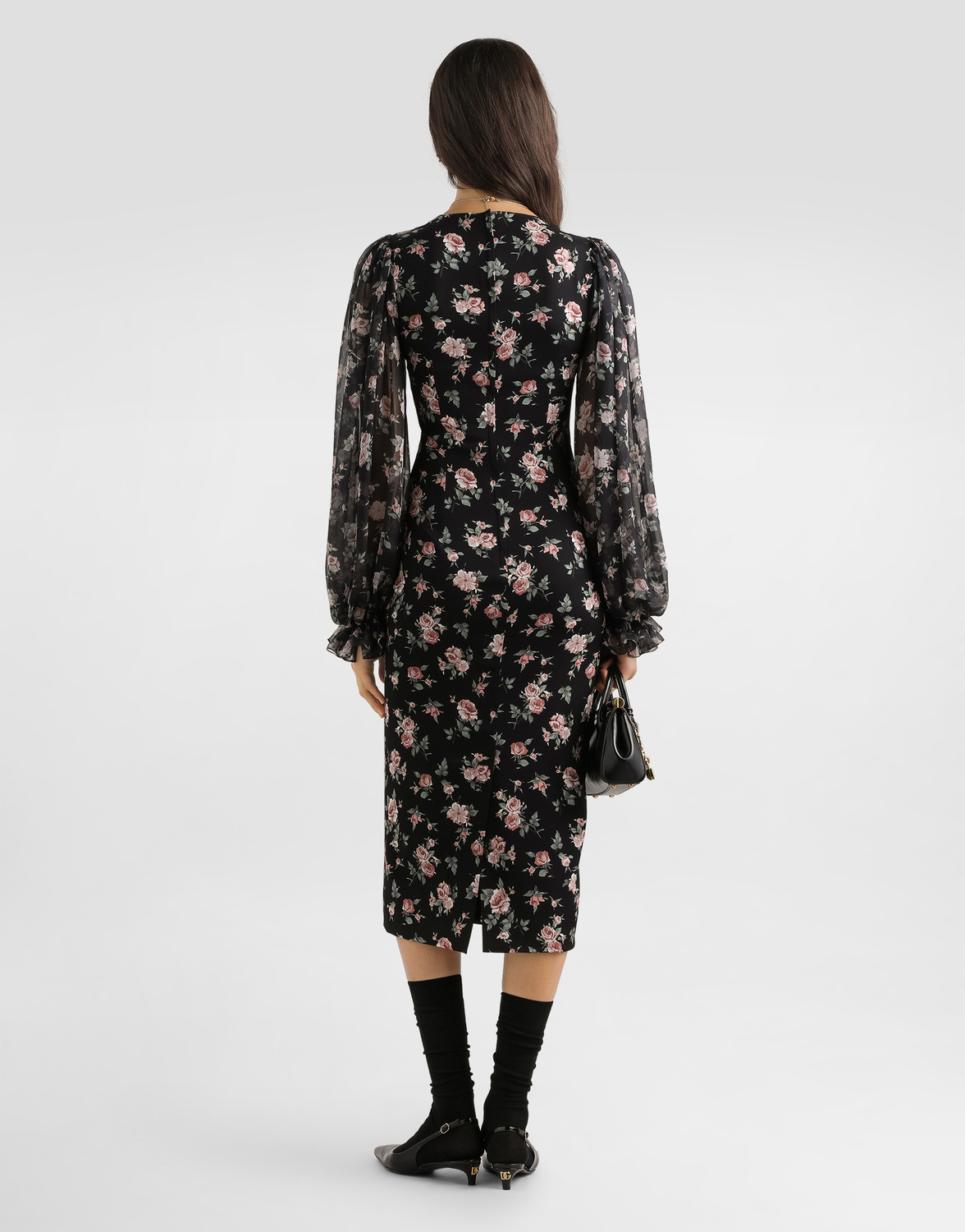 Винтажное платье из шармеза с принтом роз Dolce & Gabbana, мультиколор — фото 3