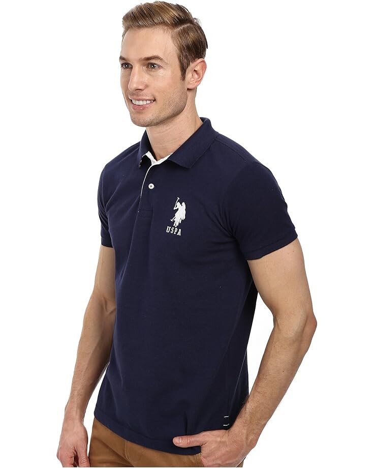 

Поло U.S. POLO ASSN. Slim Fit Big Horse Polo with Stripe Collar, цвет Classic Navy/White