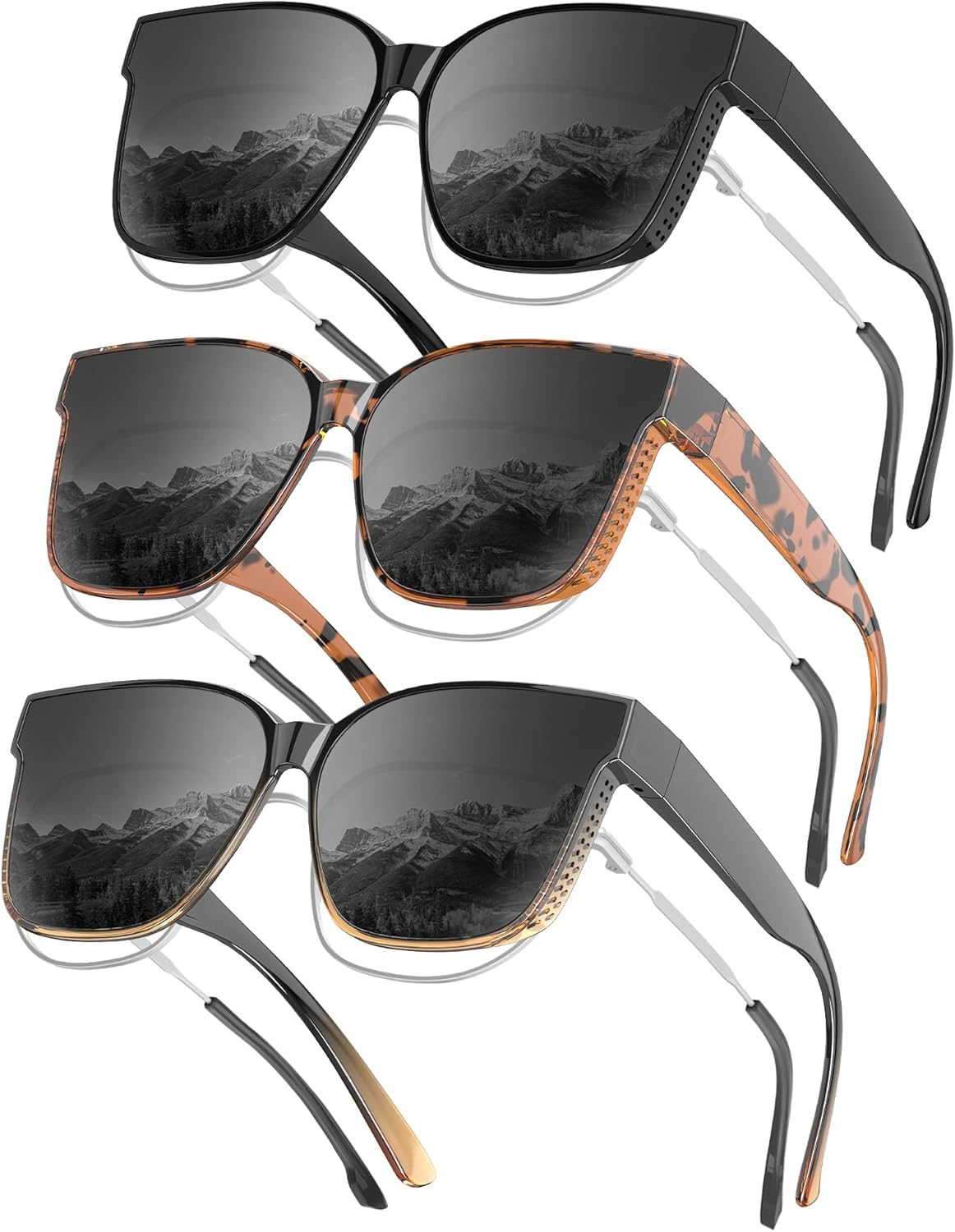 

KALIYADI Солнцезащитные очки с поляризацией, надеваемые поверх обычных очков, для женщин, солнцезащитные очки с обтекаемой формой: мужские поляризованные солнцезащитные очки с защитой UV400, Glossy Black+leopard/Grey+brown/Grey