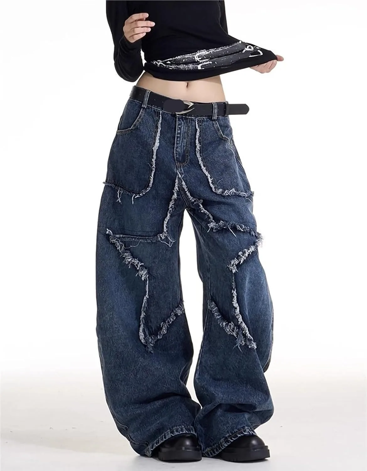 Женские джинсы Y2K в стиле baggy с широкими штанинами и звездным патчем — фото 2