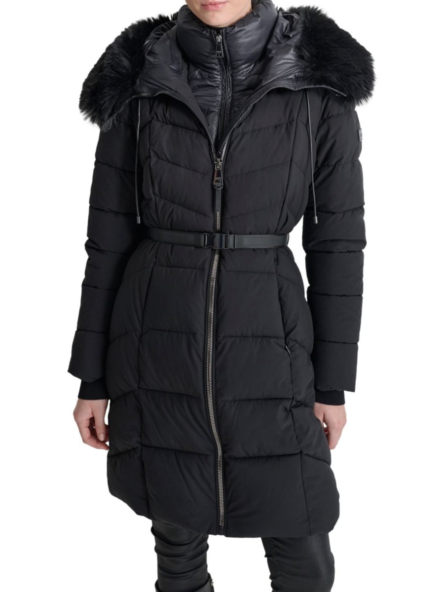 

Длинное стеганое пальто Missy из искусственного меха с нагрудником DKNY, черный