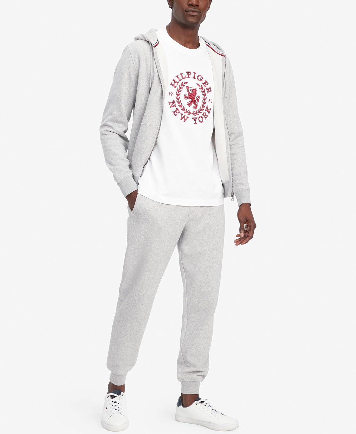 Мужская флисовая толстовка с капюшоном Tommy Hilfiger средней плотности на молнии, Light Grey Heather — фото 3