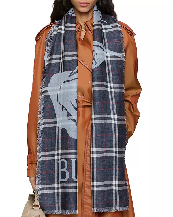 Широкий шерстяно-шелковый шарф в клетку ekd Burberry, синий — фото 3