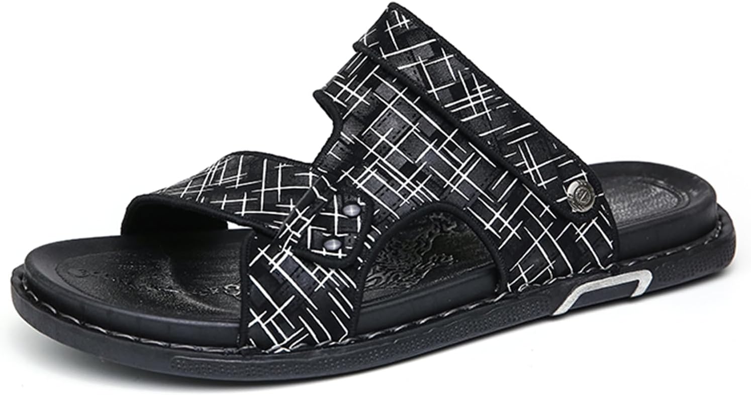 

Мужские шлепанцы с регулируемым ремешком, кожаные шлепанцы на лето с черно-белым геометрическим узором, мягкая удобная стелька, пляжные шлепанцы Dacnakby