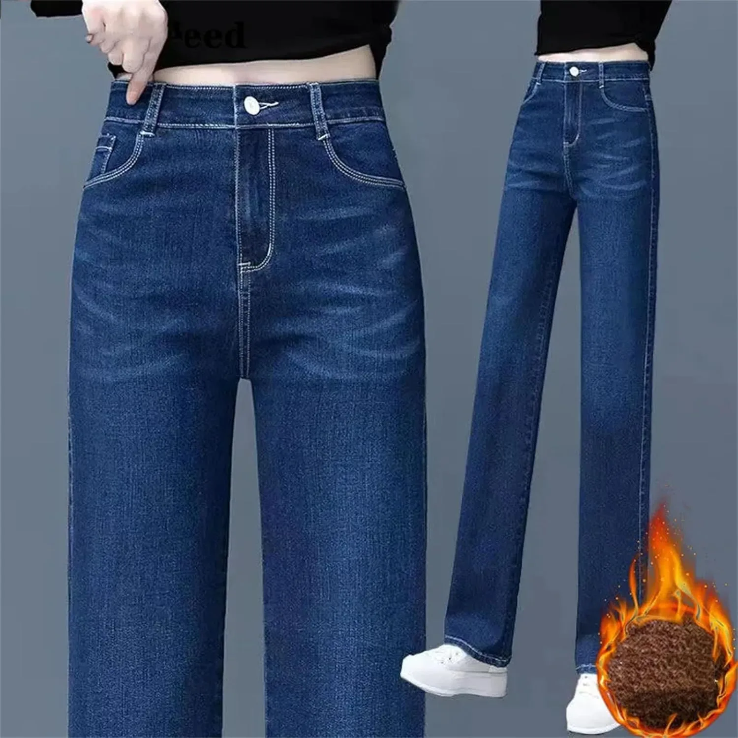 Женские утепленные свободные прямые джинсы Korean High Waist с бархатной подкладкой, зимние теплые для снега Vaqueros Generic, черный — фото 2