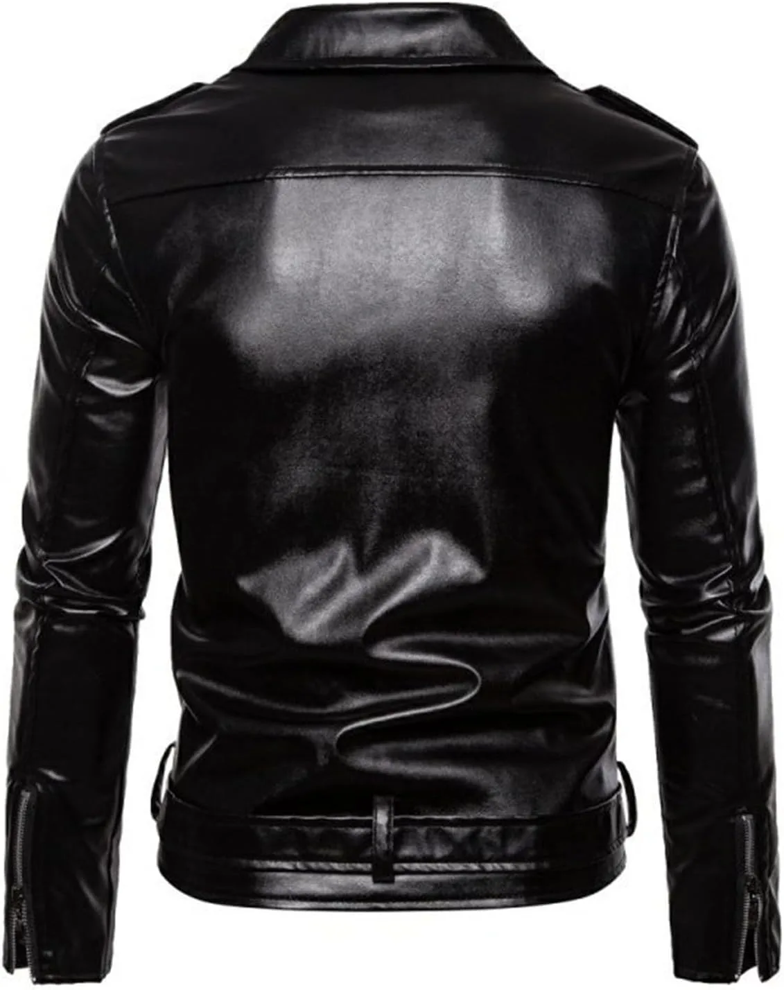 Кожаная куртка мужская Faux Bomber Punk Motorcycle с лацканом, асимметричной молнией и поясом Generic, черный — фото 3