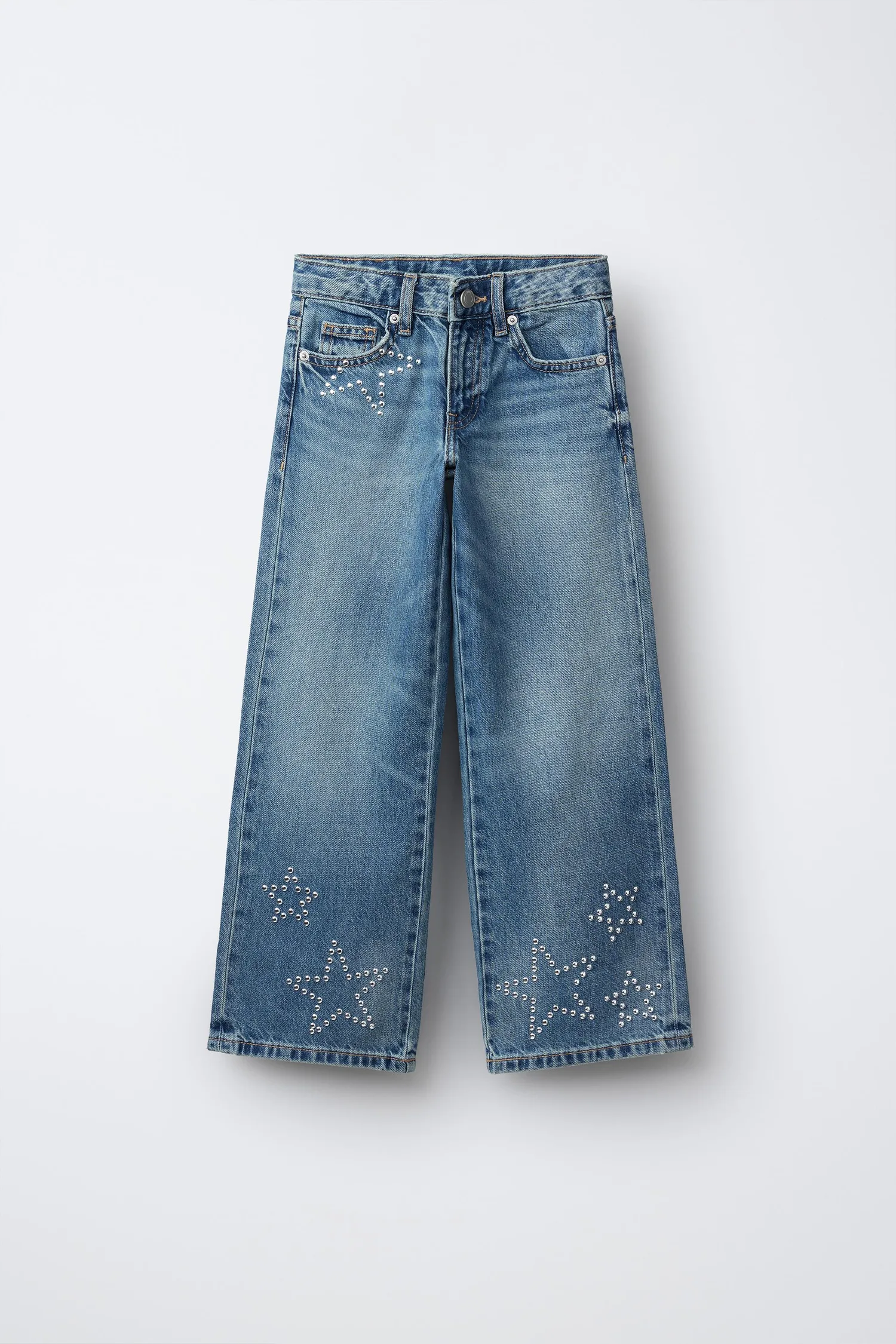 Широкие джинсы, украшенные стразами Zara, синий