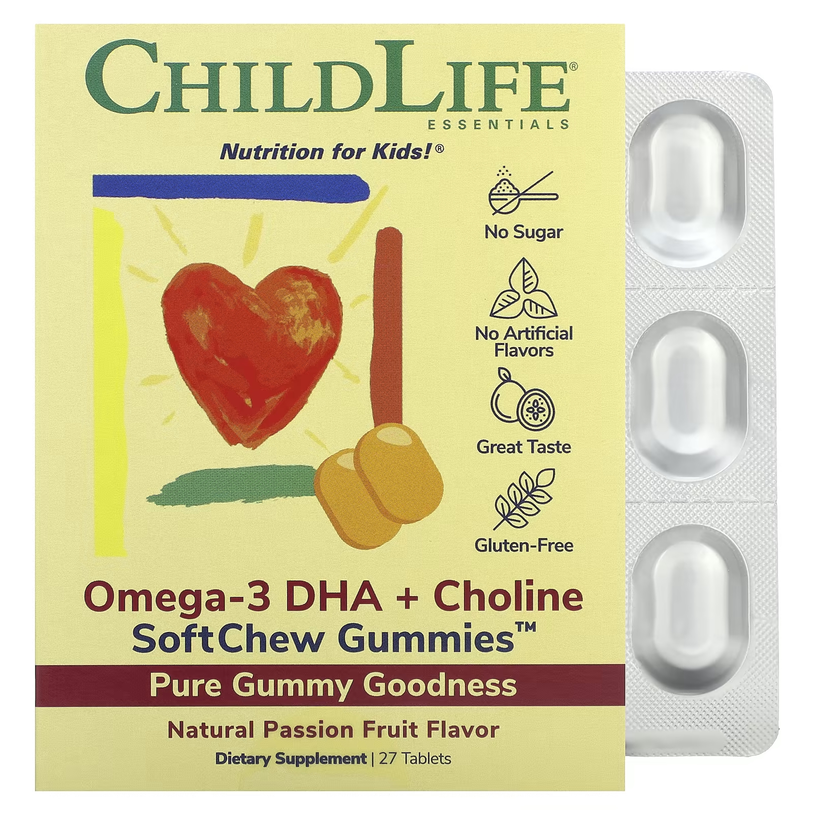 

Essentials Omega-3 DHA + холин SoftChew Gummies Маракуйя, 27 таблеток ChildLife Essentials