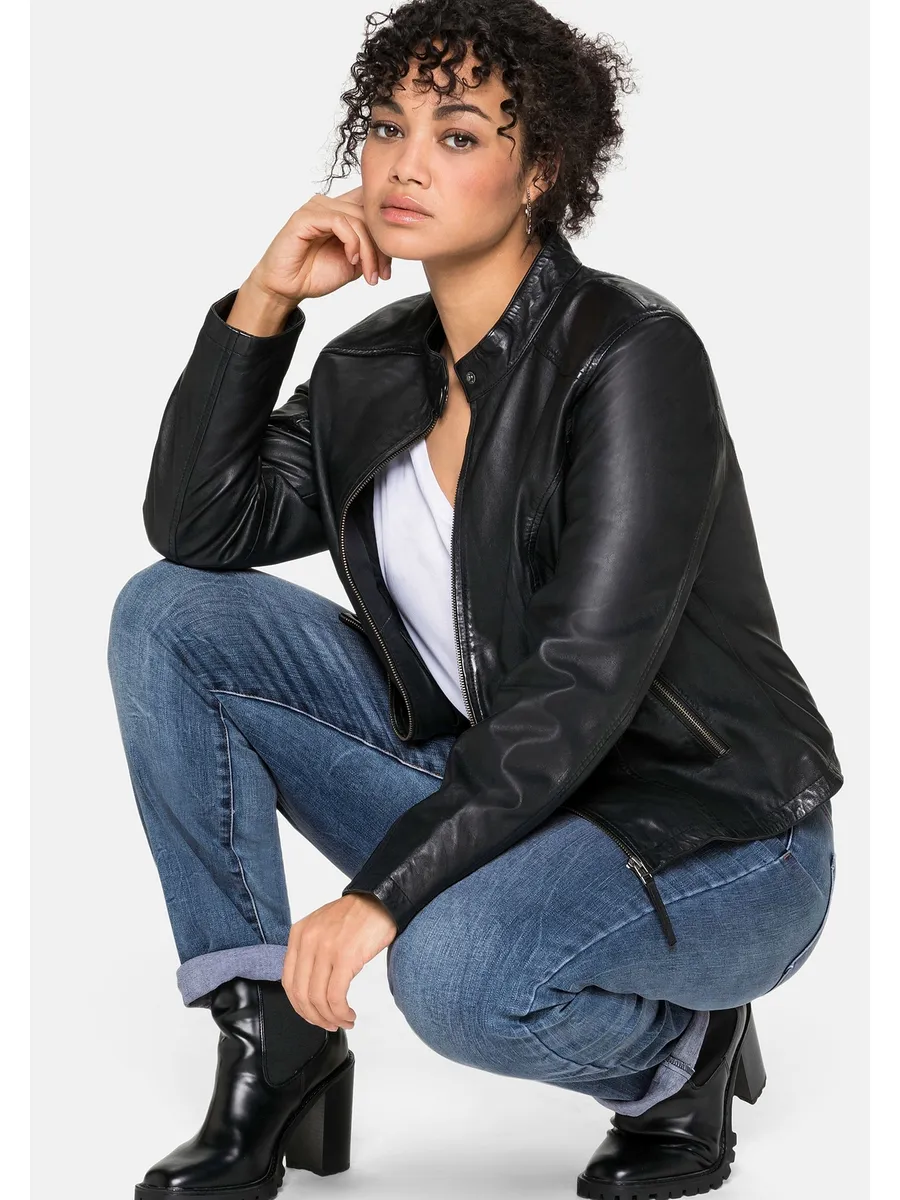 

Кожаная куртка Sheego "Большие размеры", без капюшона, из кожи наппа ягненка, с воротником-стойкой, черный