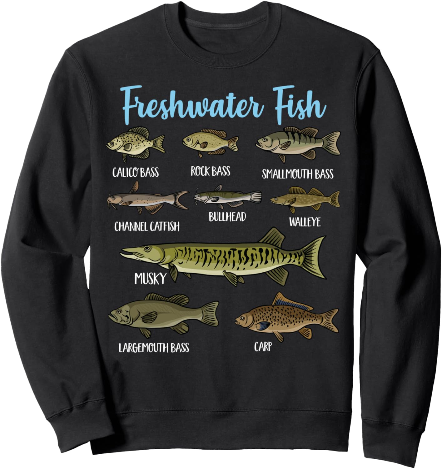 

Виды пресноводных рыб. толстовка с изображением рыбы Types Of Freshwater Fish Fishing T-Shirt, черный